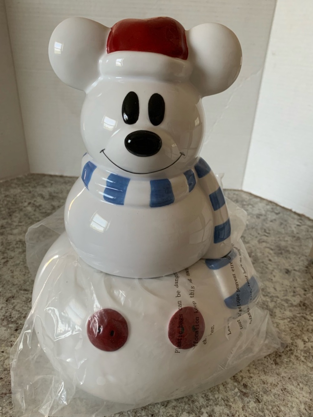 Disney Store Mickey Mouse Winter Christmas Snowman Santa Cookie Jar 12”